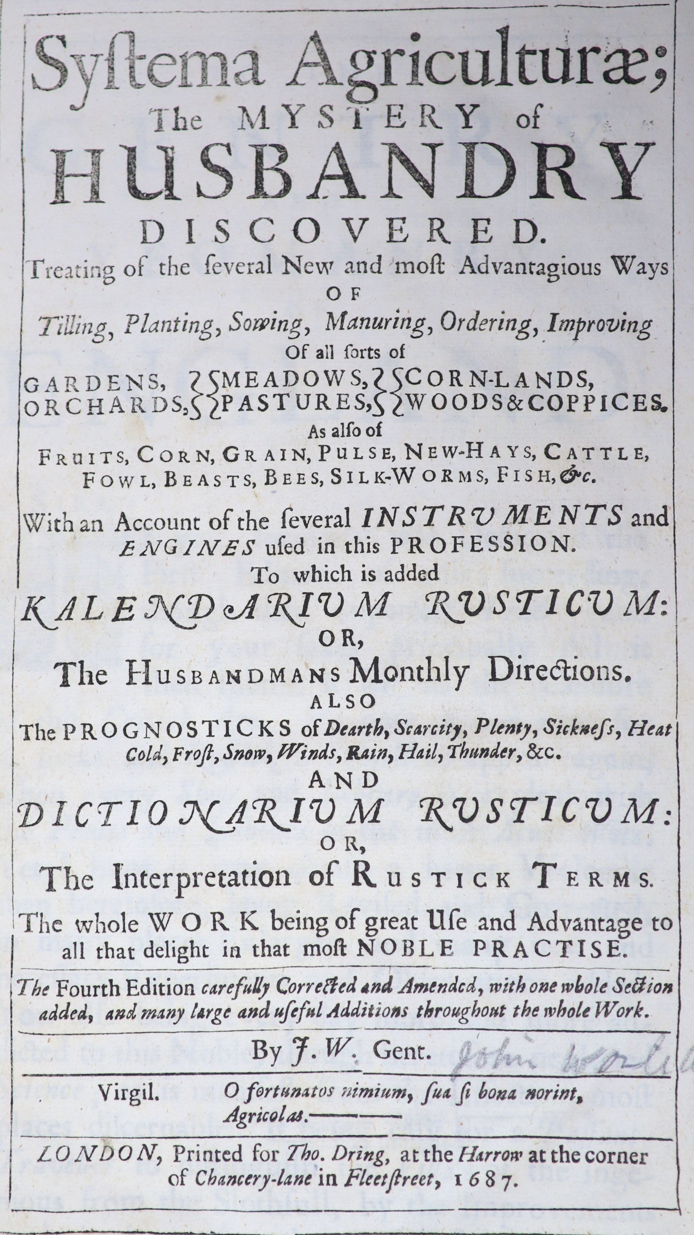 Worlridge, John - Systema Agriculturae, the Mystery of Husbandry Discovered, 4th edition, small folio, contemporary calf, with engraved frontis and 1 plate, bookplate of Sir Thomas Bland, Kippax Park, Yorkshire, Thomas D